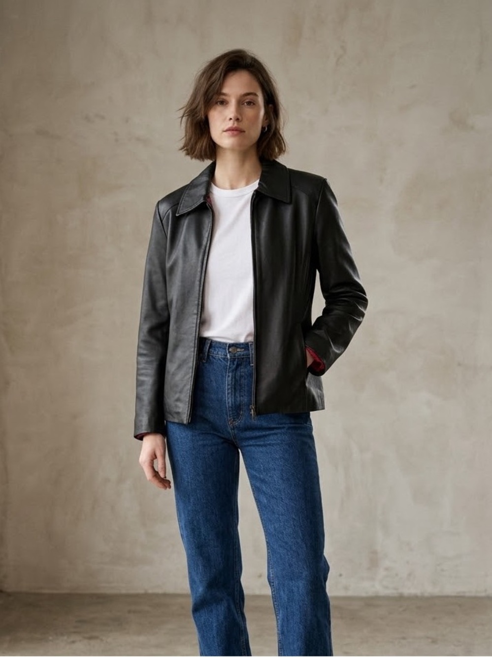 Vintage Worthington Black Genuine Leather Zip Jacket PS 90s Minimalist Grunge